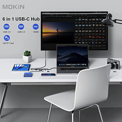 Adaptador Hub USB C compatible con MacBook Pro 2019/2018/2017, Marca MOKiN USB-C a: HDMI, lector de tarjetas SD/TF y 2 puertos USB 3.0 + 1 USB 2.0 - 6 en 1, con paso de alimentación USB-C.