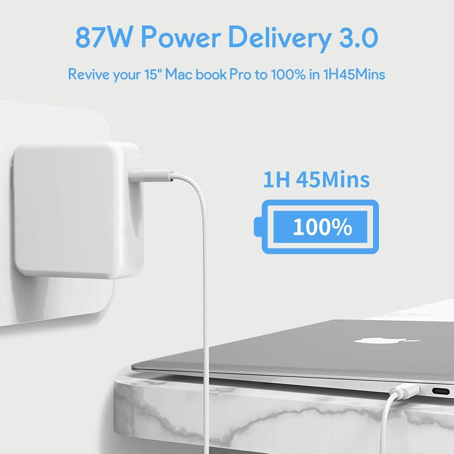 Cargador para Mac Book Pro - Mac Book Pro Charger - 87W USB C Power Adapter. Incluye cable de carga de 6.6 Pies (2 mts. o 200 cm.)