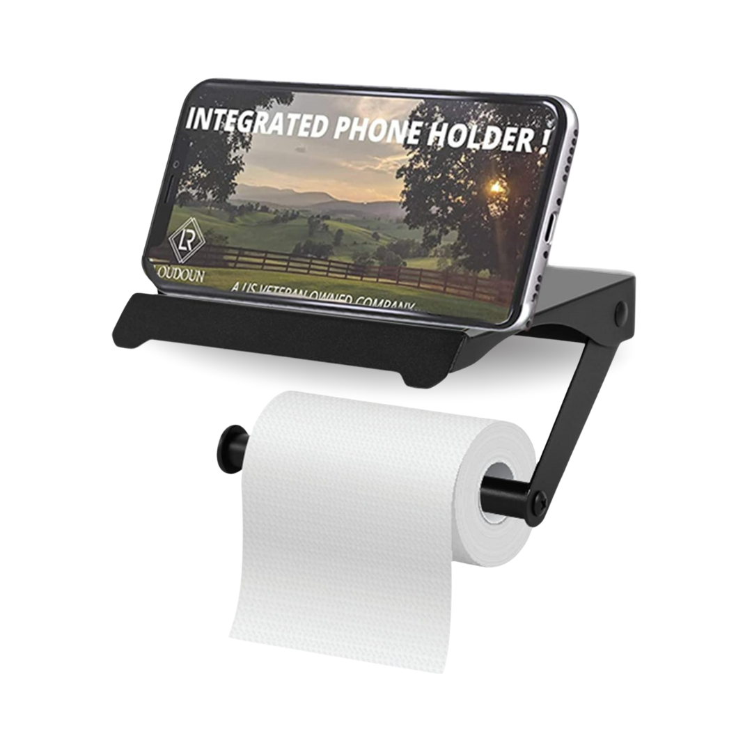 Portarrollos de papel higiénico de metal marca Gunoze, de alta calidad para montaje en pared con estante para teléfono, soporte de papel ajustable en 45° color negro mate. Estante para baño.