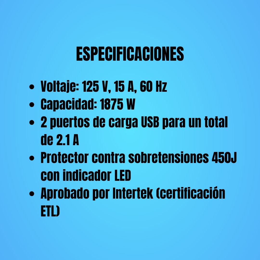 Tomacorriente, Regleta con Protector de voltaje, Estación De Carga Protector Contra Sobretensiones 3 Tomas/2 Usb. Color Blanco