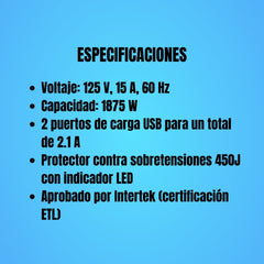 Tomacorriente, Regleta con Protector de voltaje, Estación De Carga Protector Contra Sobretensiones 3 Tomas/2 Usb. Color Blanco