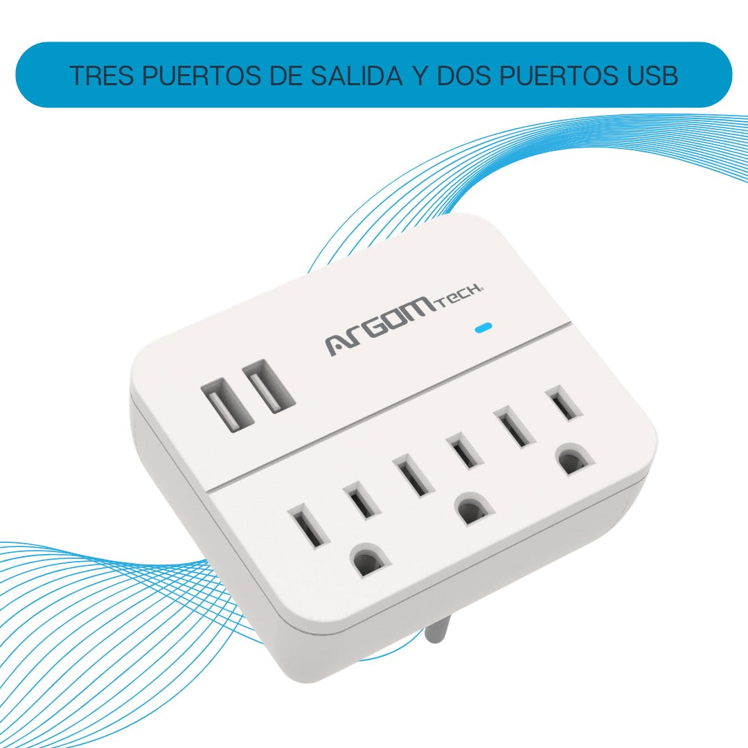 Tomacorriente, Regleta con Protector de voltaje, Estación De Carga Protector Contra Sobretensiones 3 Tomas/2 Usb. Color Blanco